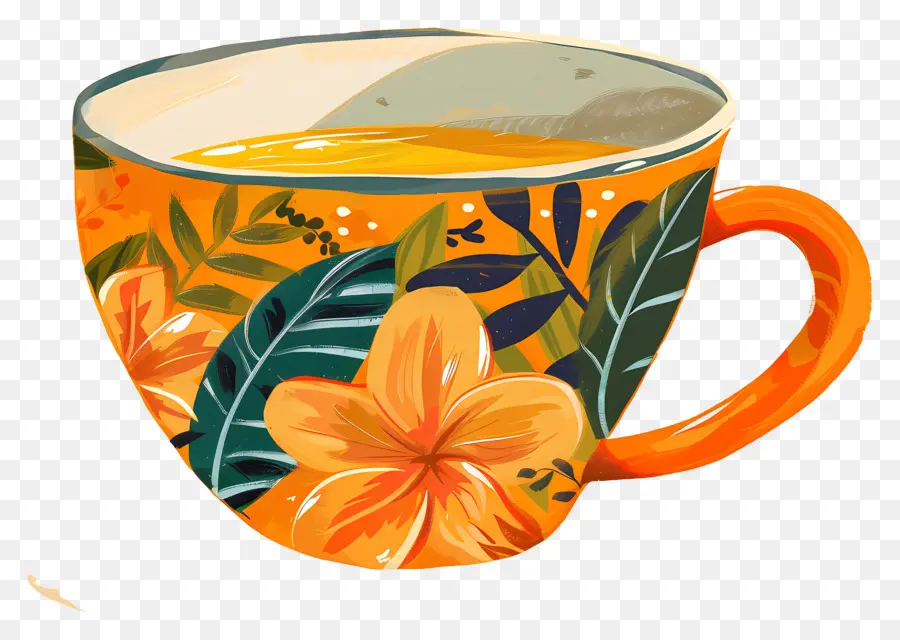 Kaffeetasse - Orange Tasse mit tropischen Blumen, schwarzer Hintergrund