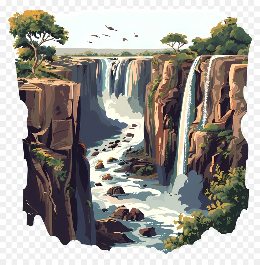 Victoria Falls Forest Trees River Fels - Üppiger Wald mit Fluss, Felsen, Vögeln, friedlich