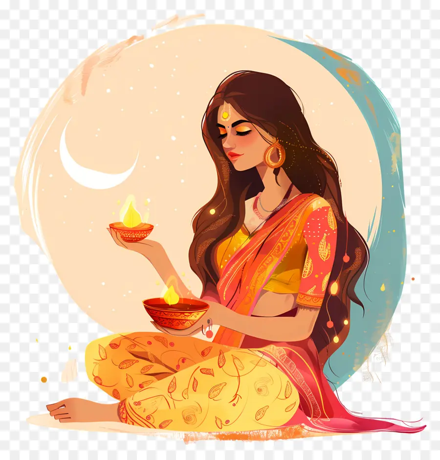 Diwali - Donna che medita con candela e lampada