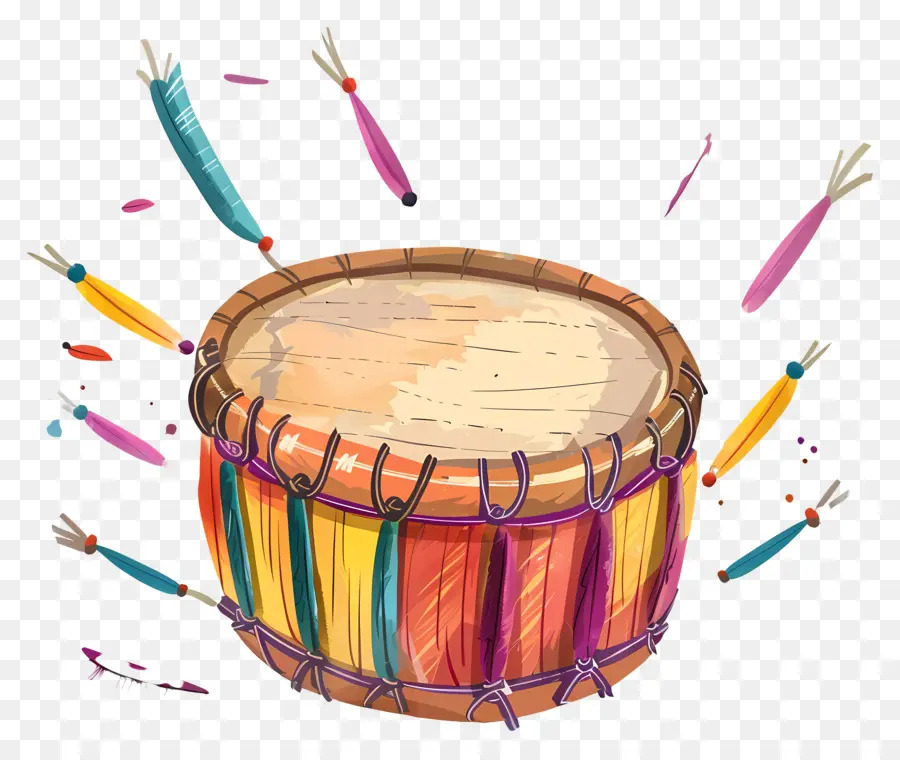 dhol lohri tamburo dipinto di legno colorato - Tamburo dipinto colorato con nastro e bastoncini