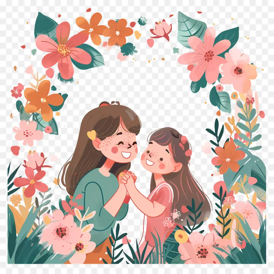 Muttertag - Mutter umarmt das Kind in Blumenkranz