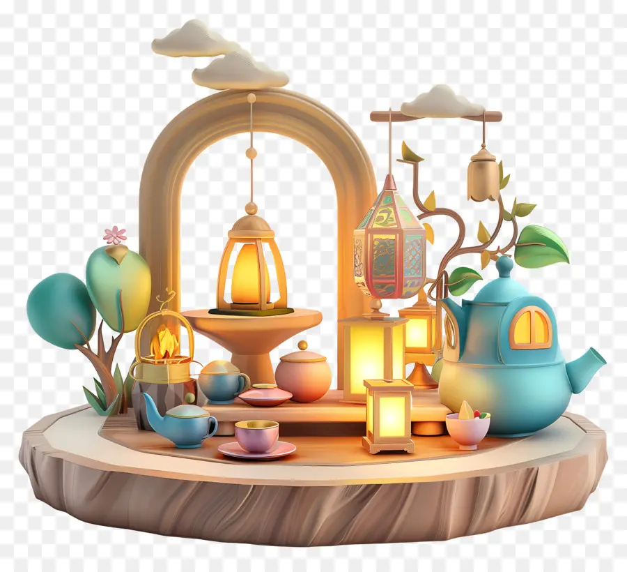 tavolo in legno - Impostazione tranquilla della fontana con lanterna e tavolo