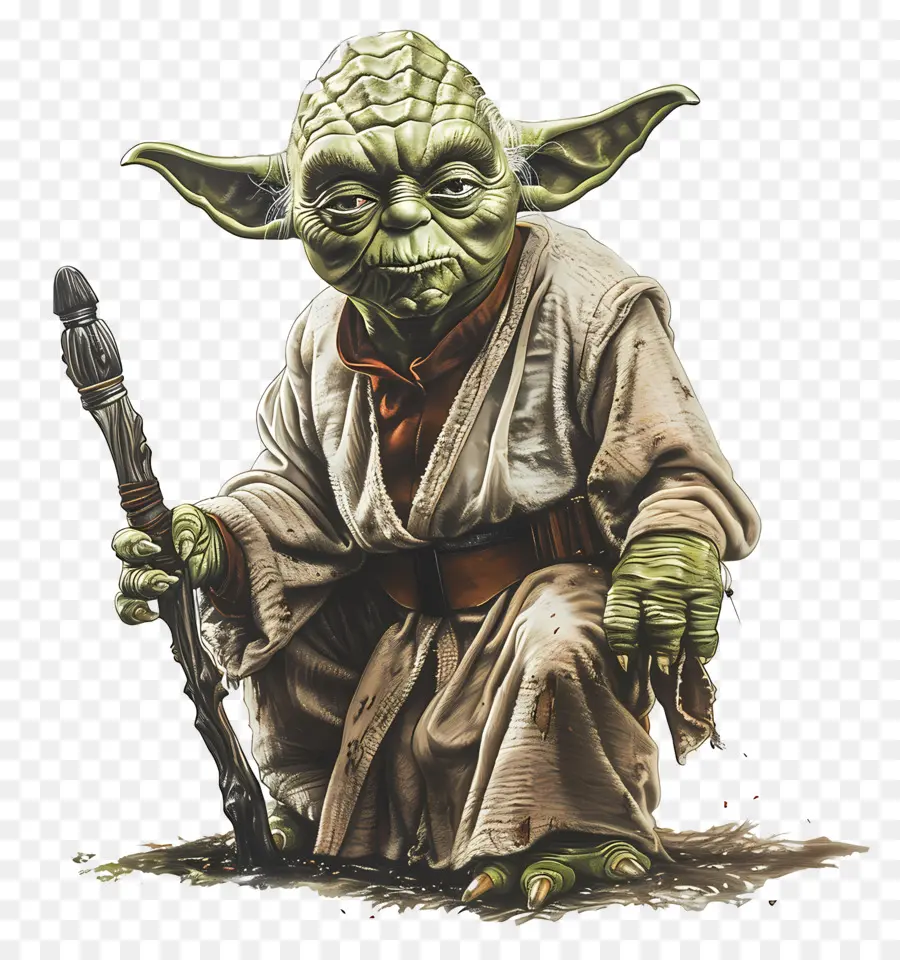 Guerre stellari - Yoda seduto con il bastone in abiti Jedi