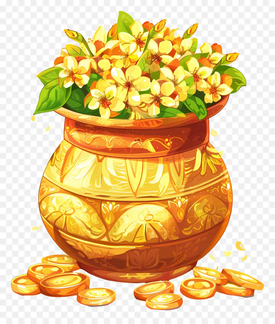 Dhanteras Kalash Goldene Vase gelbe Blüten Münzen Reichtum - Goldene Vase mit gelben Blüten und Münzen