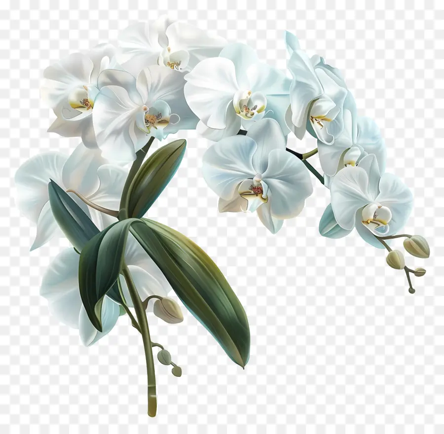 Weiße Orchideen weiße Orchideenblume grüne Blätter Blütenblätter - Weiße Orchideen auf schwarzem Hintergrund, grüne Blätter