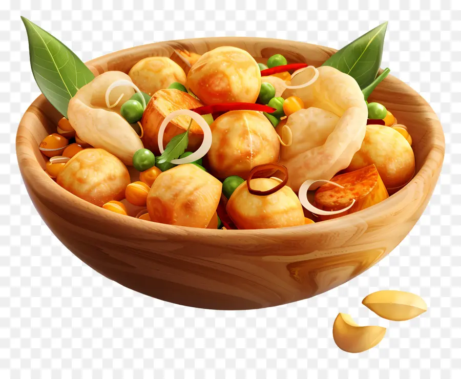Panipuri -Lebensmittel Rühren Braten Nudeln Pass Karotten Brokkoli - Holzschüssel mit Rührbrüche Nudeln, Gemüse, Erdnüssen