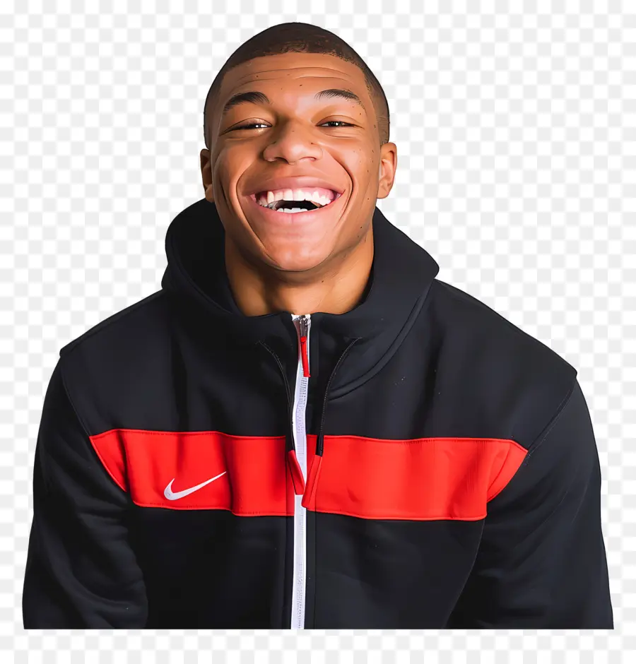 kylian mbappe black hoodie red and black design person smiling sunglasses