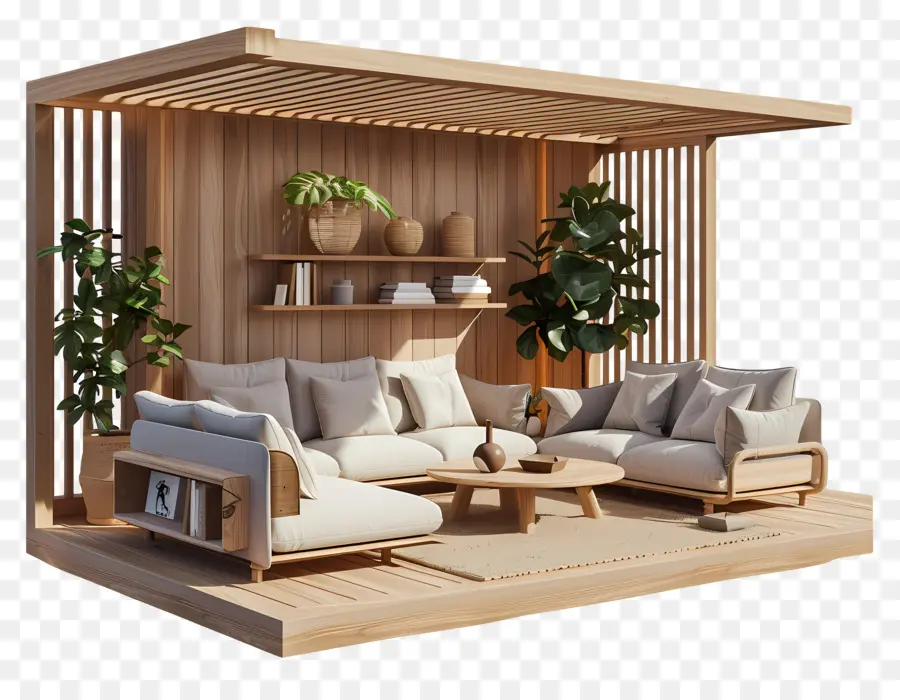 Wohnzimmer im Freien Wohnbereich Modernes Design Holzmöbel 3D -Rendering - Moderner hölzerner Wohnbereich im Freien mit Pflanzen