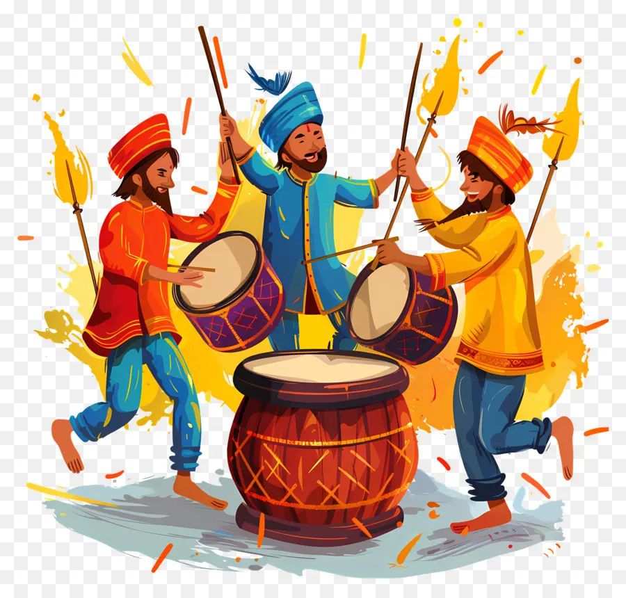 Dhol Lohri Musician Drum Drumstick Turban - Tre musicisti colorati suonano tamburi e tamburelli