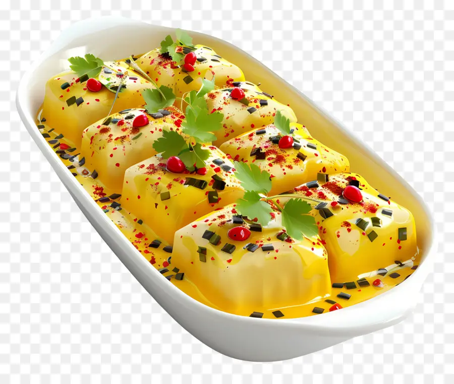 Dhokla Dish Chicken gelb Sauce Koriander cremig - Hühnchen in gelbe Sauce mit Koriander -Garnier