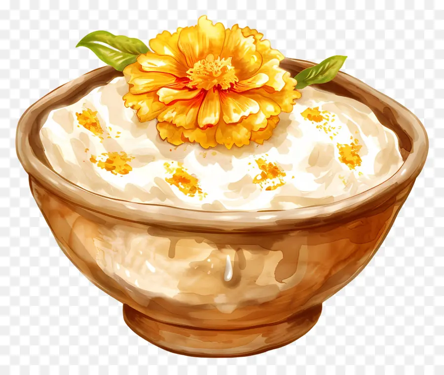 ciotola in porcellana marrone gelato alla cagliata di gelato alla vaniglia - Gelato alla vaniglia con fiore di calendario giallo