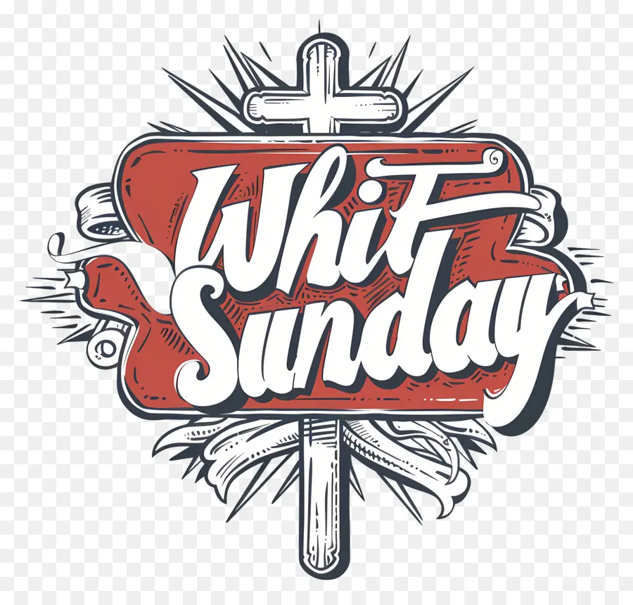 Whit Sunday Vintage verzerrte Schrift rot und weiß schwarzer Hintergrund - Rot -weißes Wort 'Whitsunday' auf schwarzem Hintergrund
