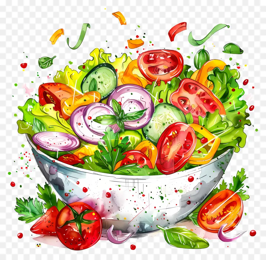 insalata vegetale insalata fresca verdura vegetali cetrioli - Vibrante illustrazione di acquerello della ciotola di insalata