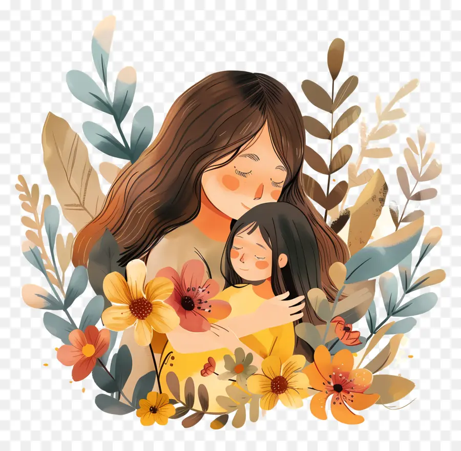 Ngày của mẹ - Mẹ và con được bao quanh bởi những bông hoa