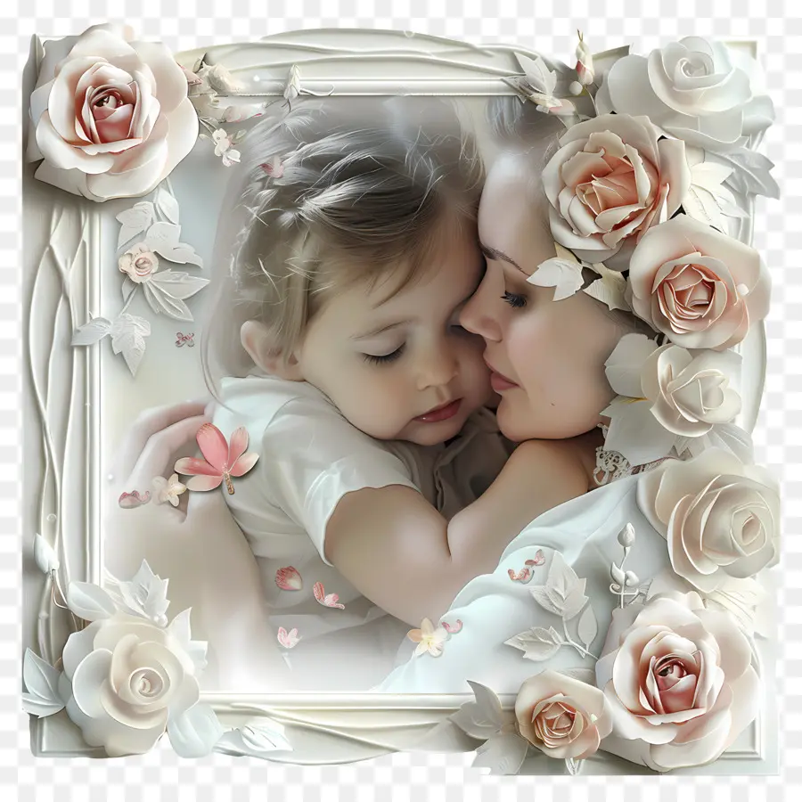 Ngày của mẹ - Mẹ ôm em bé được bao quanh bởi hoa hồng một cách yên bình