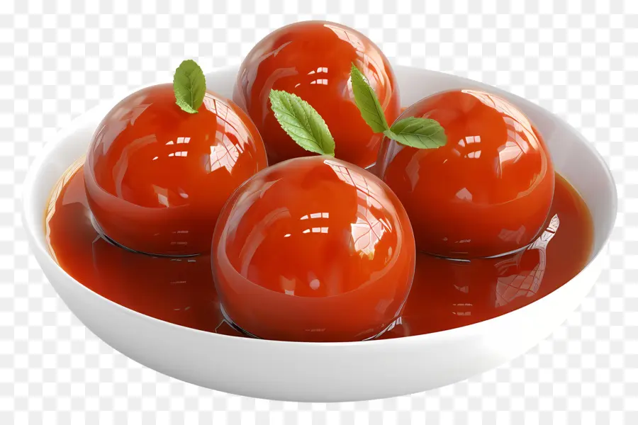 Gulab Jamun Tomatenrezept Tomatensauce Minzblätter weiße Schüssel - Tomaten in roter Sauce mit Minzblättern