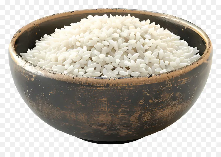 Reis weißer Reisschüssel Emaille Löffel - Nahaufnahme von gekochtem Reis in schwarzer Schüssel