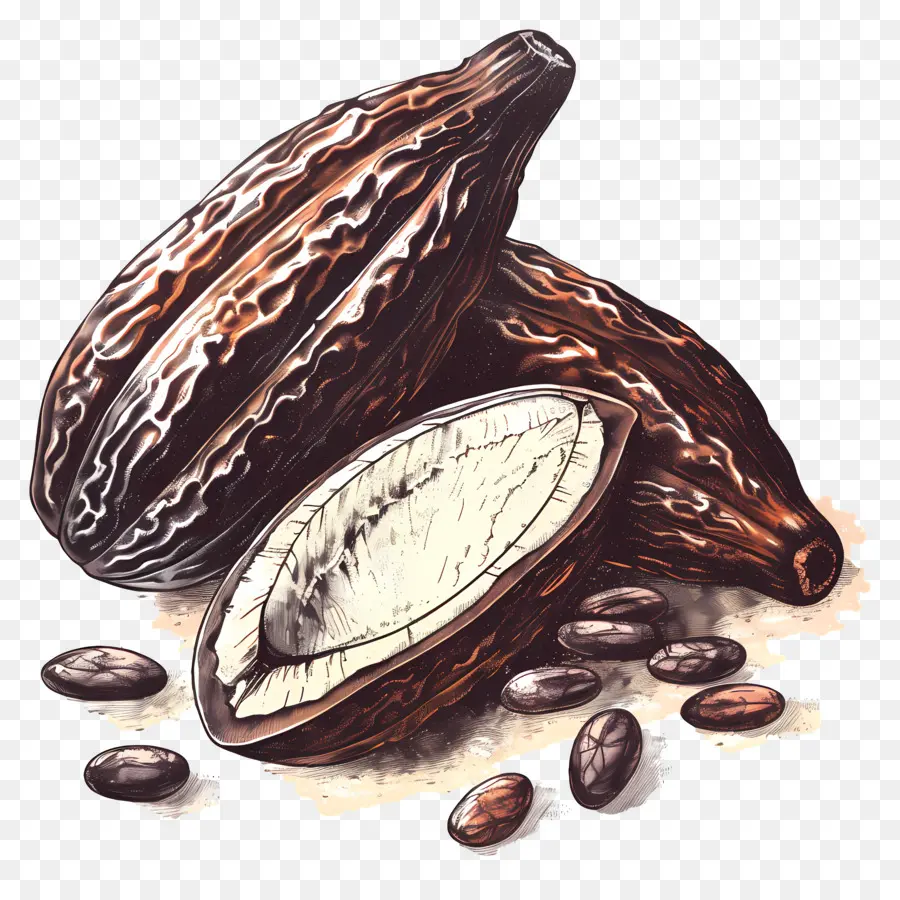 Schokolade - Stapel glänzender brauner Kakaobohnen