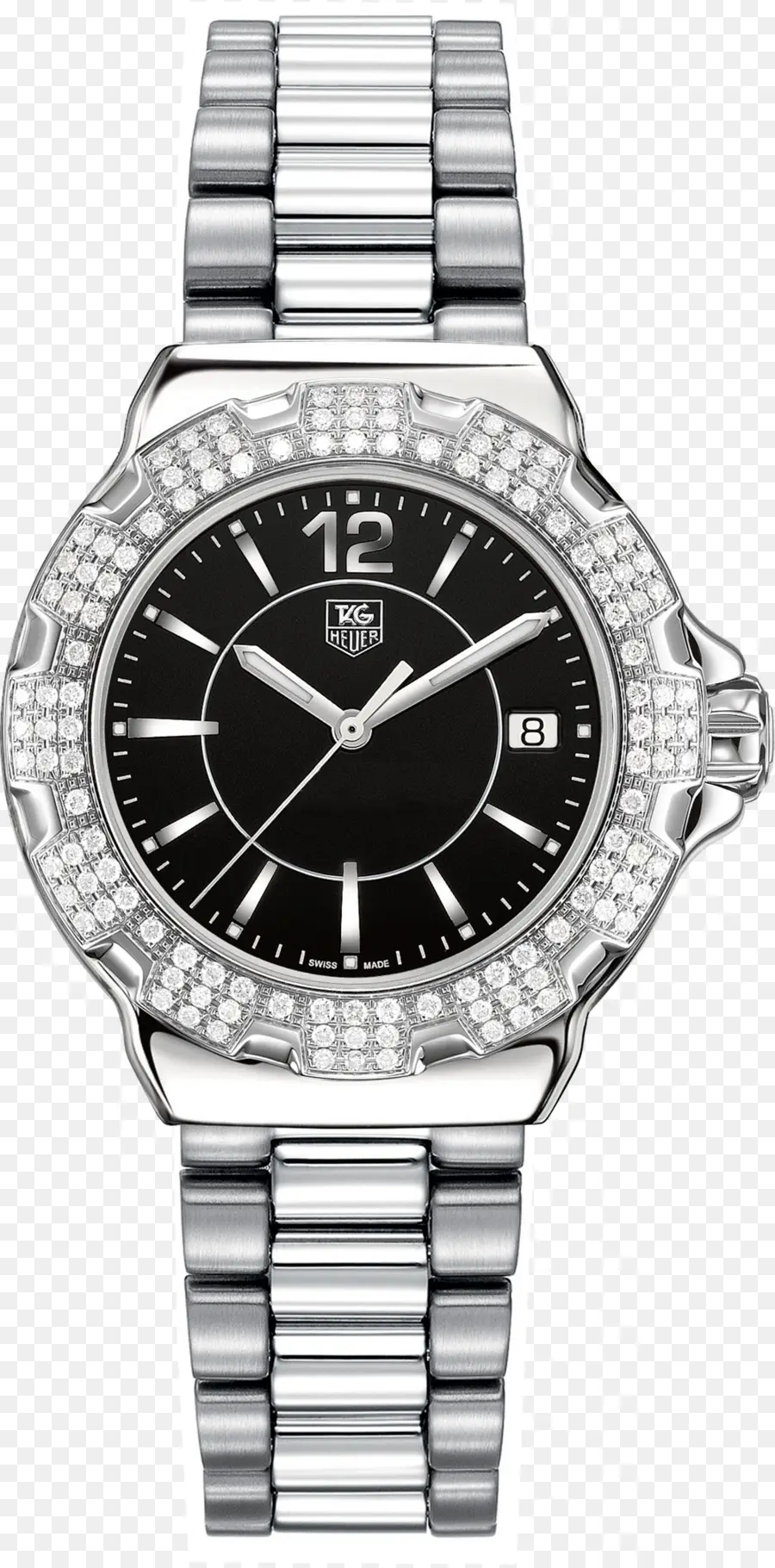 black dial watch silver bracelet diamond bezel round face watch stainless steel case