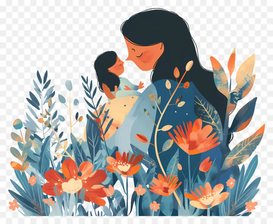 Muttertag - Mutter und Baby umgeben von Blumen friedlich umgeben