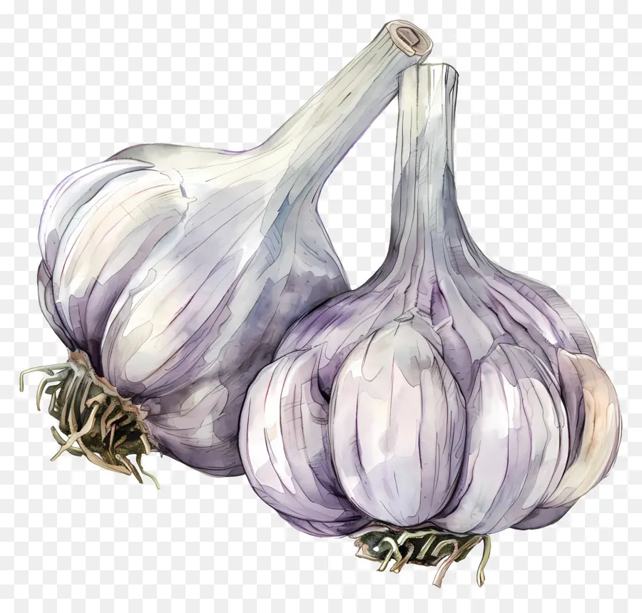 Gioli di aglio bulbi ad acquerello dipinto di aglio bianco aglio viola - Bulbi di aglio dipinti ad acquerello su sfondo nero