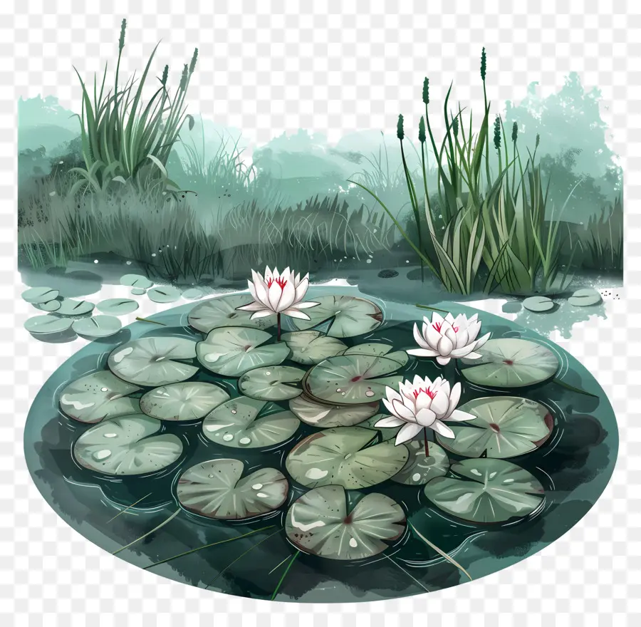 Lê nước hoa ao Pond Pond Countryside Lily Pads Water - Minh họa kỹ thuật số của ao nông thôn yên bình