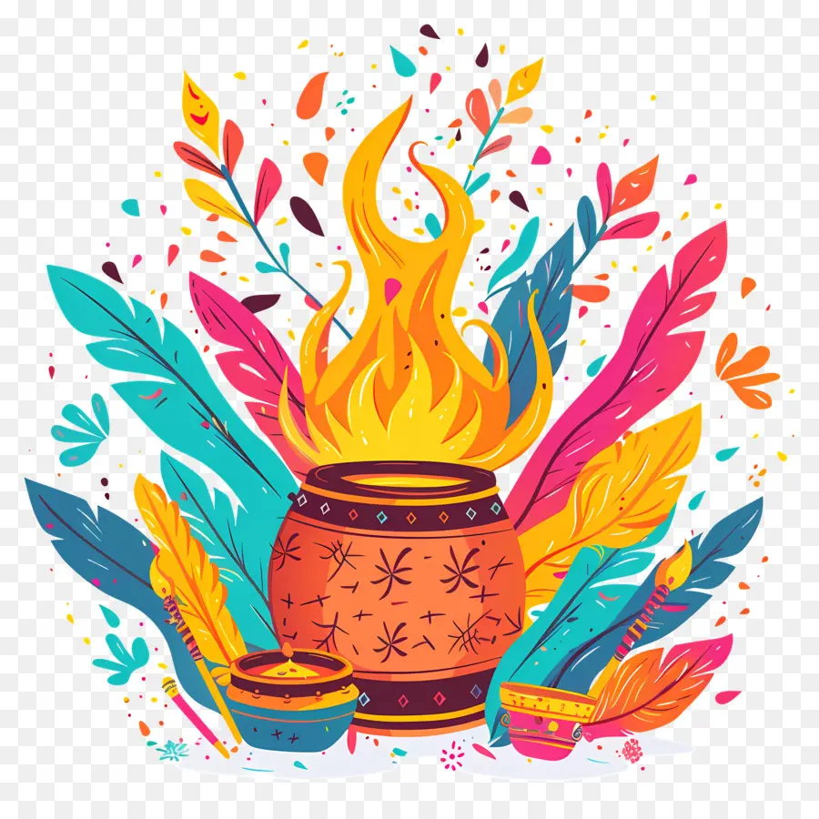 Dhol Lohri Cauldron Flames Federn festlich - Buntes Kessel mit festlichen Federn, lebendige Feierlichkeiten