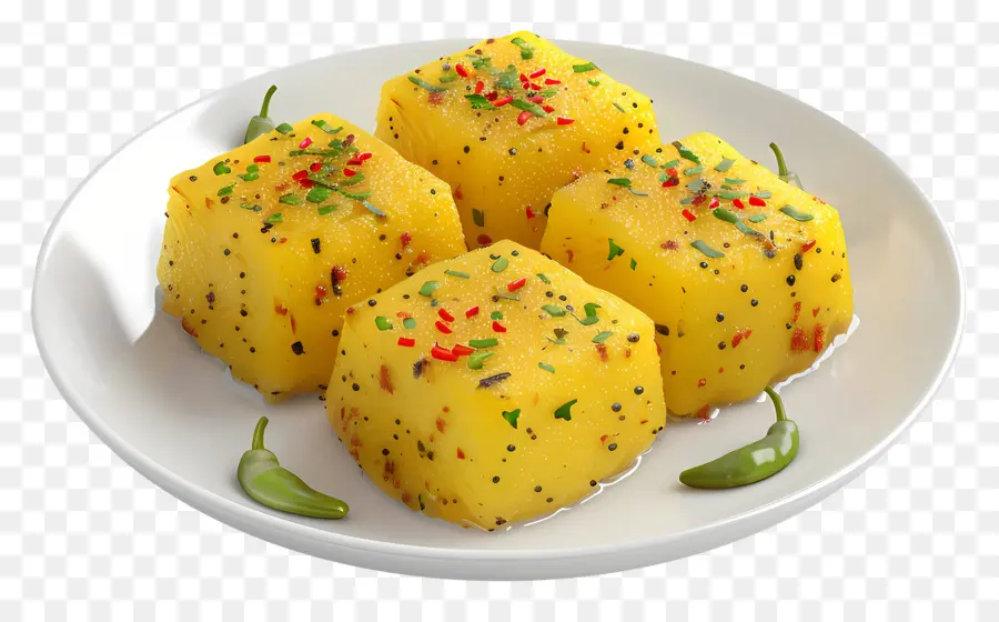piatto dhokla casseruola casseruola comfort casseruole ricetta piatto vegetariano - Fette di casseruola di patate gialle su piastra bianca