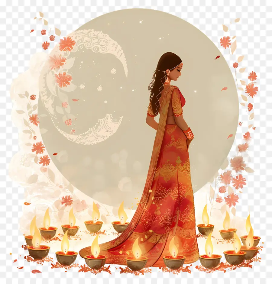 Karwa Chauth Woman Moon hoa Nến - Người phụ nữ phía trước mặt trăng được bao quanh bởi những bông hoa