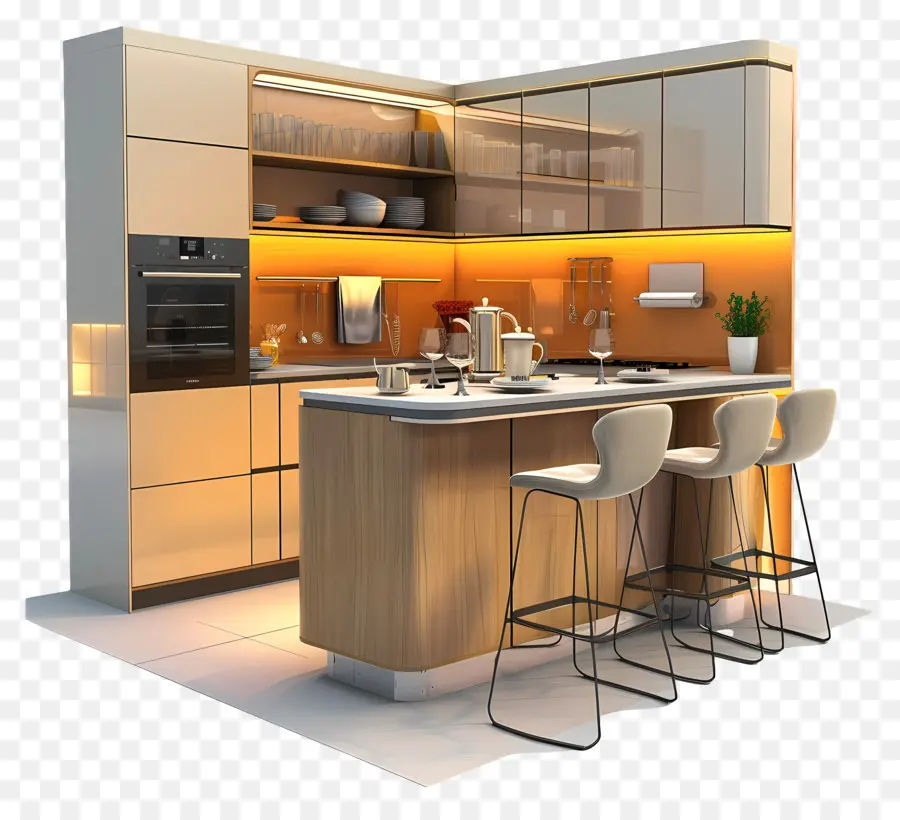 Nhà bếp hiện đại thiết kế tối giản tủ gỗ bằng thép không gỉ cửa kính cửa kính - Nhà bếp hiện đại, tối giản với ánh sáng ấm áp và thực vật