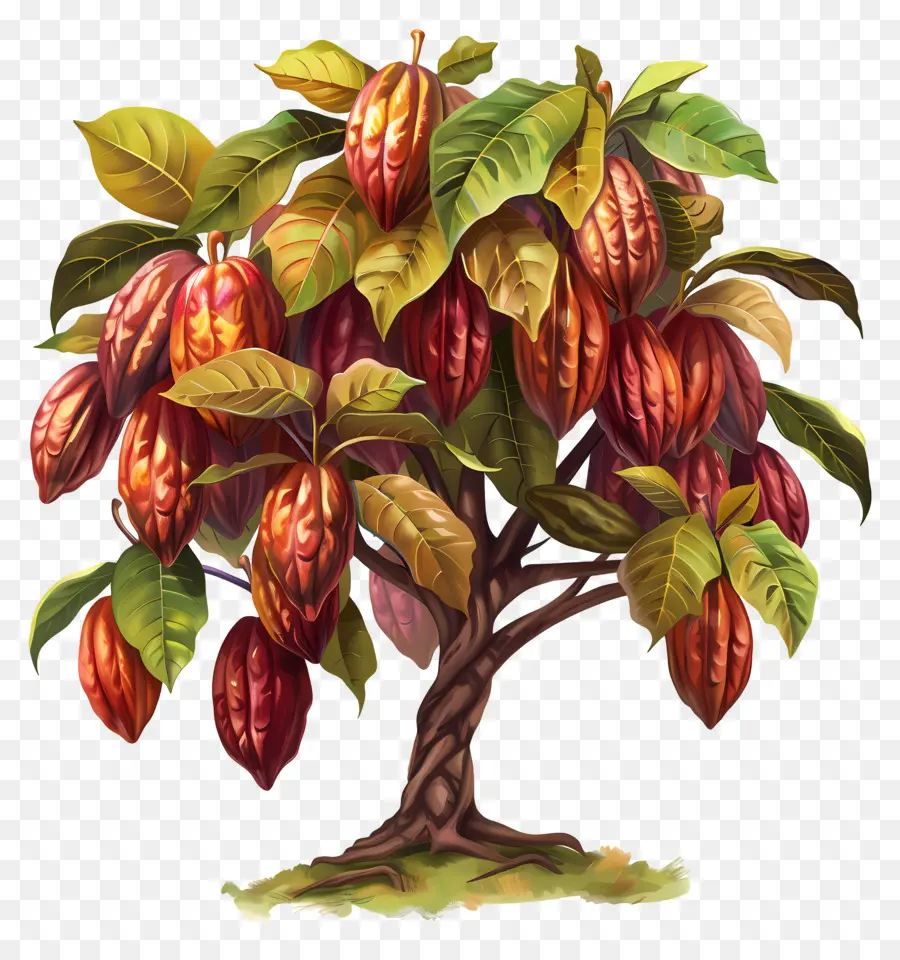 Voller Kakao -Baumkakao -Baum -Schokoladen -Obst -Kofferraumzweige - Kakaobaum mit Schokoladenfruchtzweigen