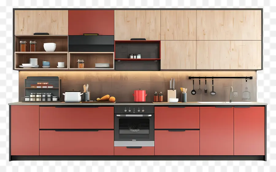 modern kitchen red cabinets black and white tile floor stainless steel appliances kitchen shelves