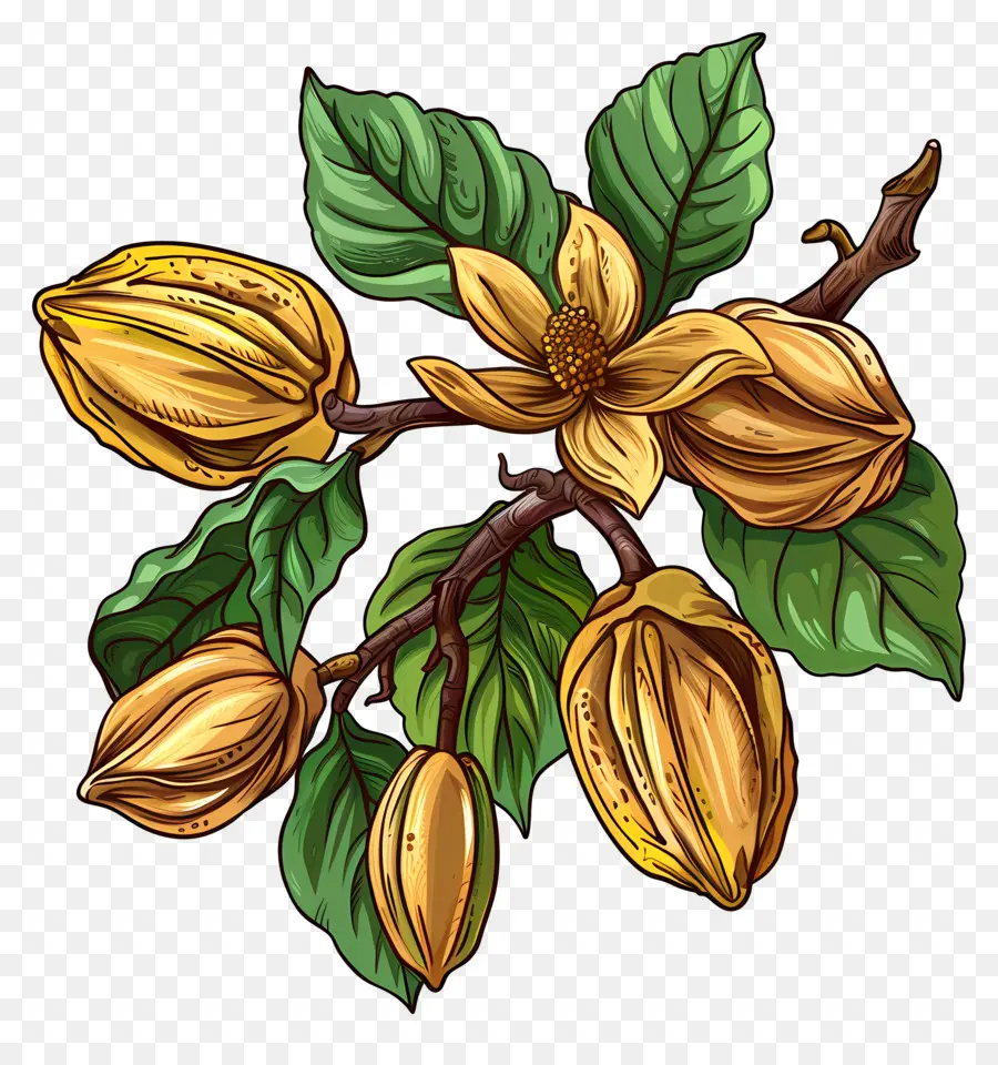 Cacao Tree Chocolate Bean Bean Cacao Tree chín Shiny - Hình ảnh vẽ tay của hạt sô cô la chín