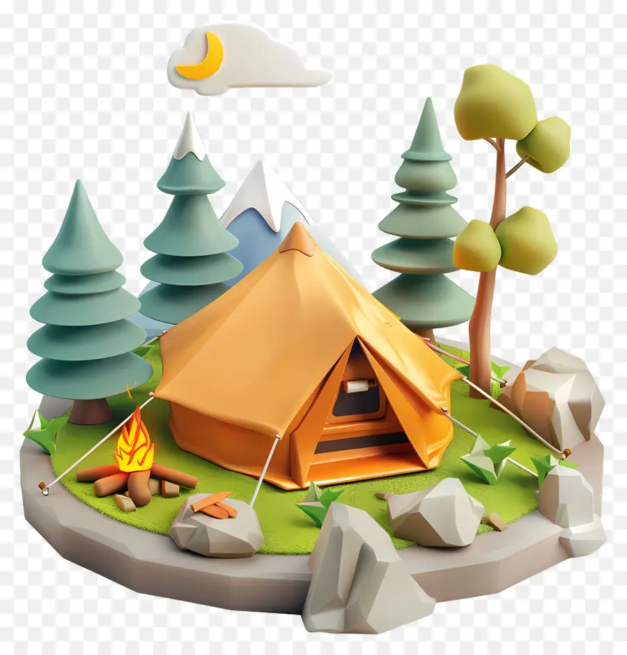 cây thông - Cảnh cắm trại yên bình với lều và núi