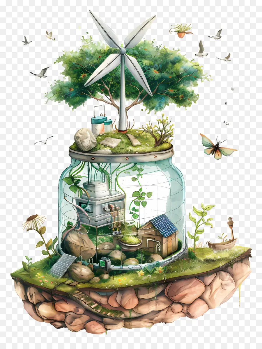 Nachhaltigkeit nachhaltiger landwirtschaftlicher Samenkonservierung Windmühle Energie umweltfreundliche Gartenarbeit - Glas mit Samen, Baum, Windmühle, Haus, Pflanzen