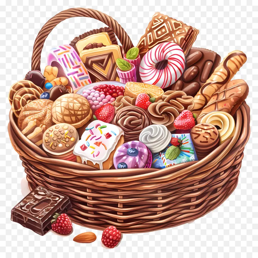 Süßigkeiten behindern Süßigkeiten Gebäck Schokoladenkekse Brownies - Verschiedene Süßigkeiten und Gebäck im Weidenkorb