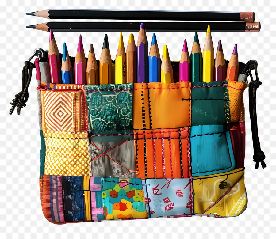 đồ dùng học - Túi chắp vá đầy màu sắc với nhiều cây bút chì khác nhau bên trong