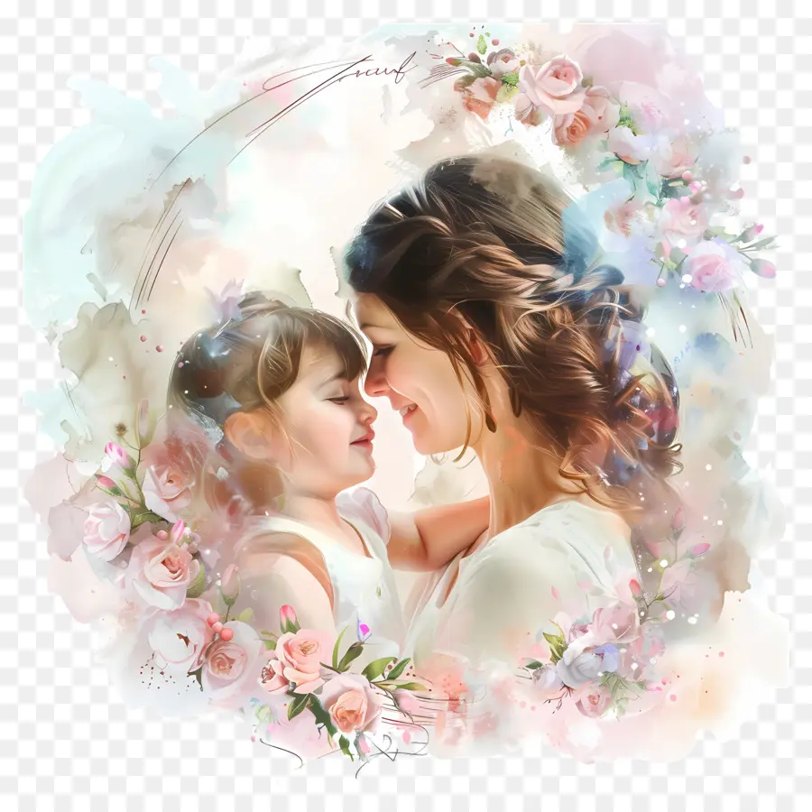 Muttertag - Mutter umarmt das Kind mit Blumen, Aquarellinker Hintergrund