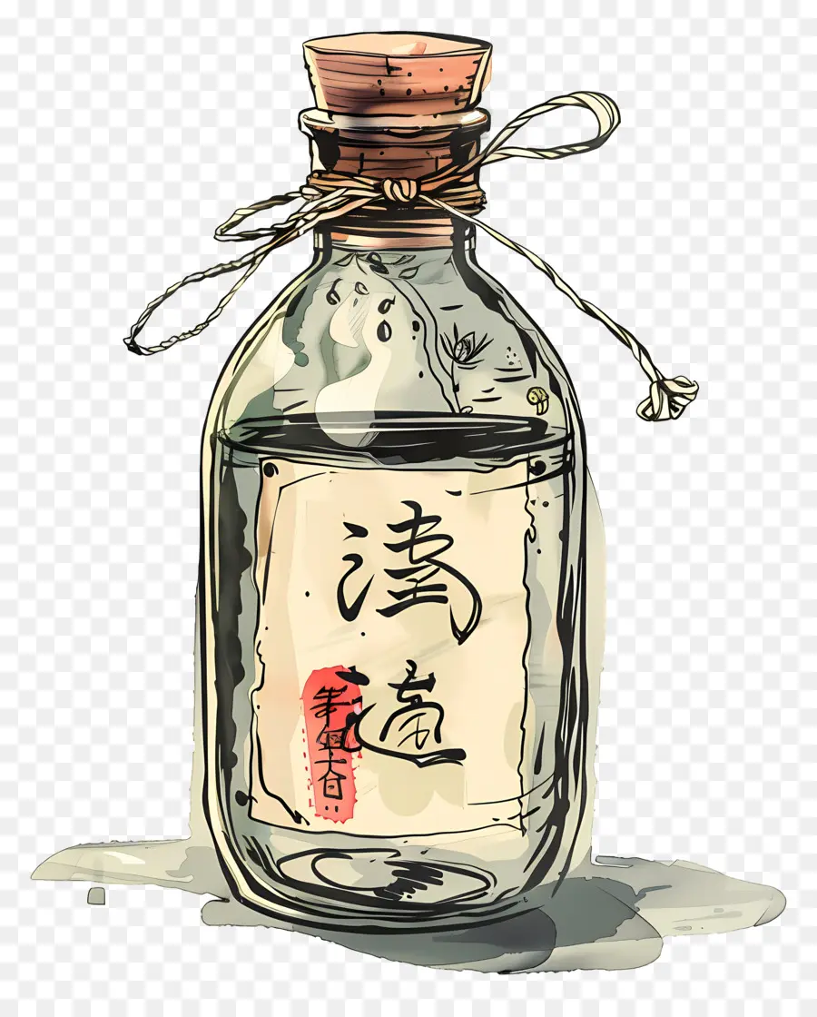 Wishing bottle bottiglia bottiglia caratteri cinesi bottiglia di vetro vuota fotografia in bianco e nero - Bottiglia di sake in vetro vuoto con caratteri cinesi scarabocchiati