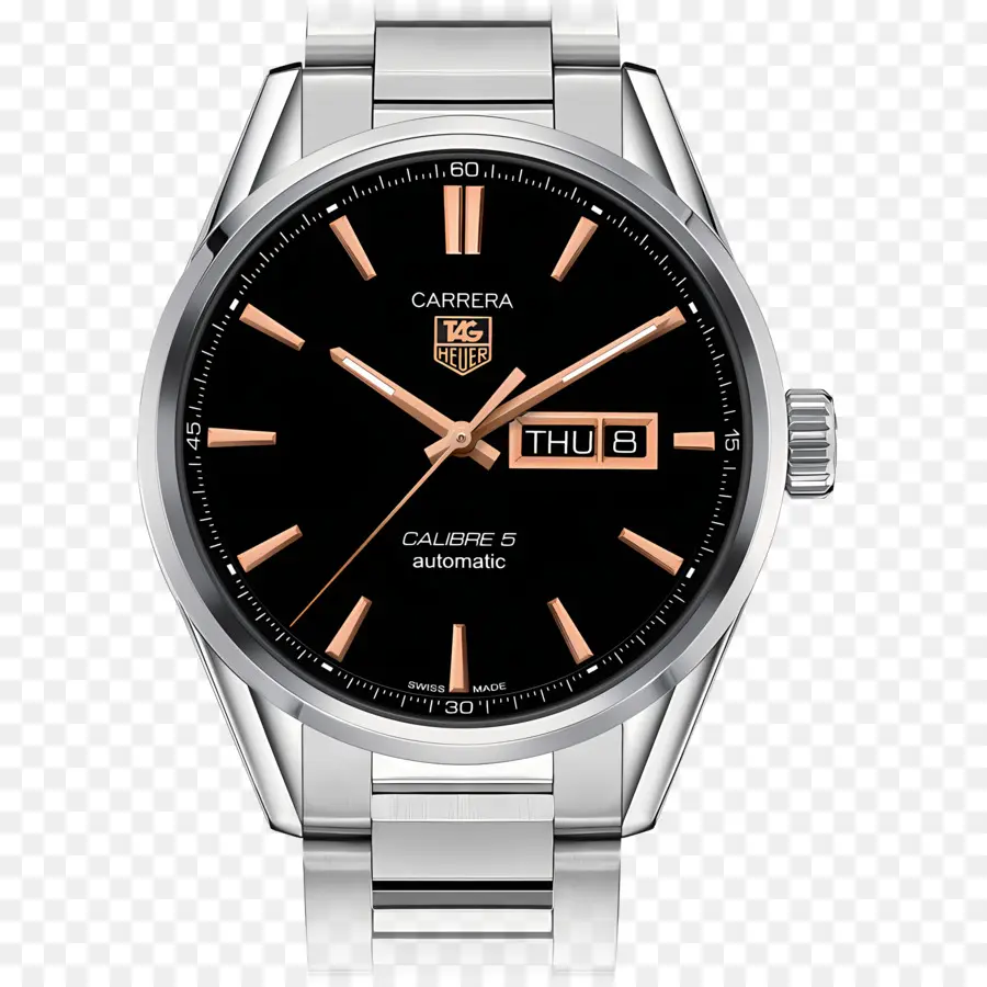 Rosengold Uhr Schwarzes Lederband Silber Zifferblatt Römische Ziffern Datum Fenster - Schwarze Stahl- und Roségold Uhr mit Lederband