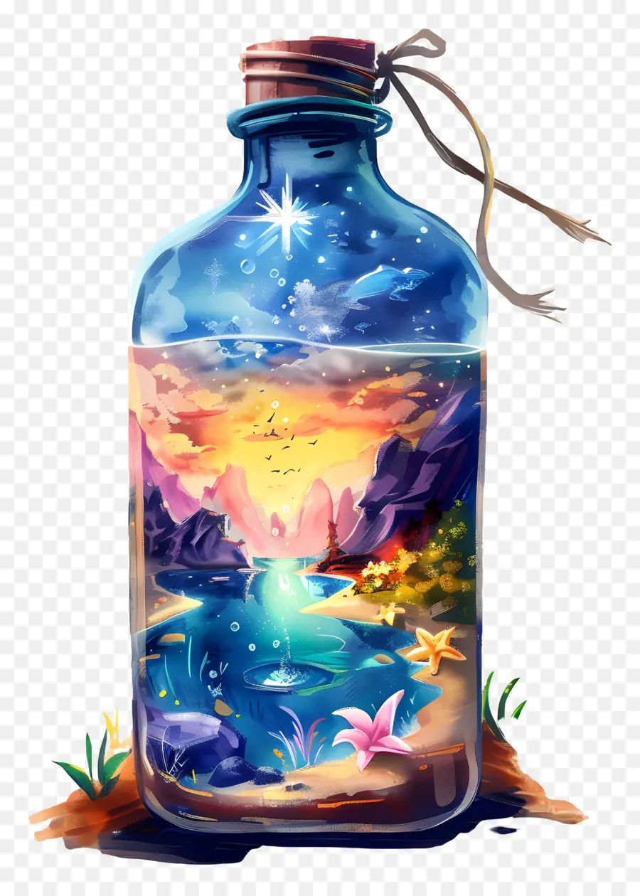Wishing Bottle Water Bottle Swimming Pesce colori del tramonto Colori vibranti - Vibrant Sunset Scene in bottiglia di vetro