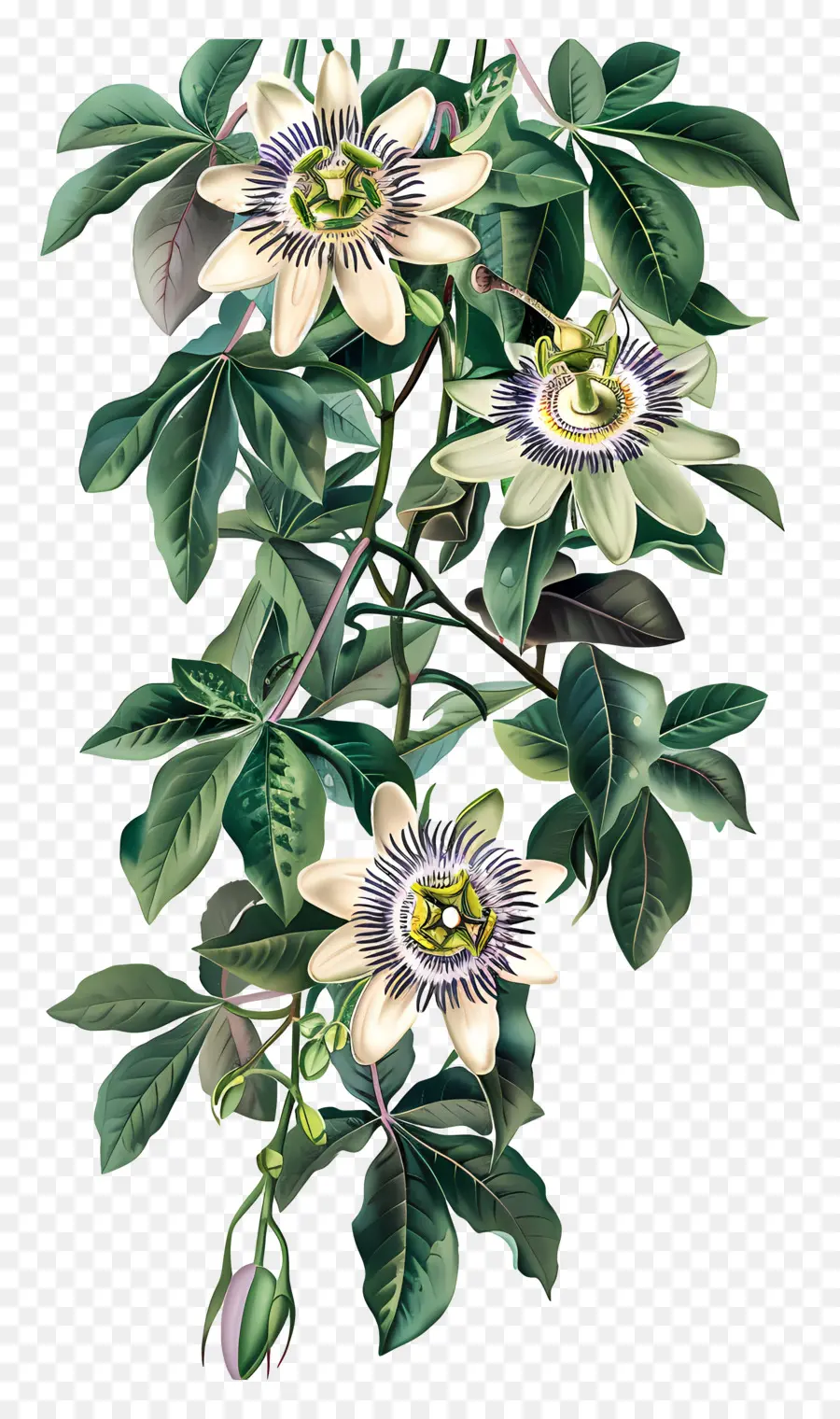 passione fiore vite passione dipinta di fiore di sfondo nero foglie verdi - Pittura dettagliata e realistica di Flower Passion