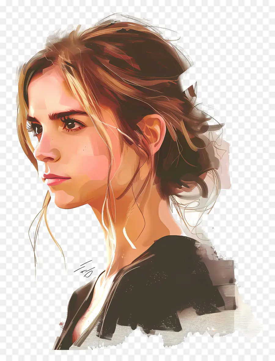 Emma Watson Bức tranh kỹ thuật số Người phụ nữ Bức chân dung Tóc đen biểu hiện trung tính - Bức tranh kỹ thuật số của người phụ nữ với khăn quàng cổ, biểu hiện trung tính