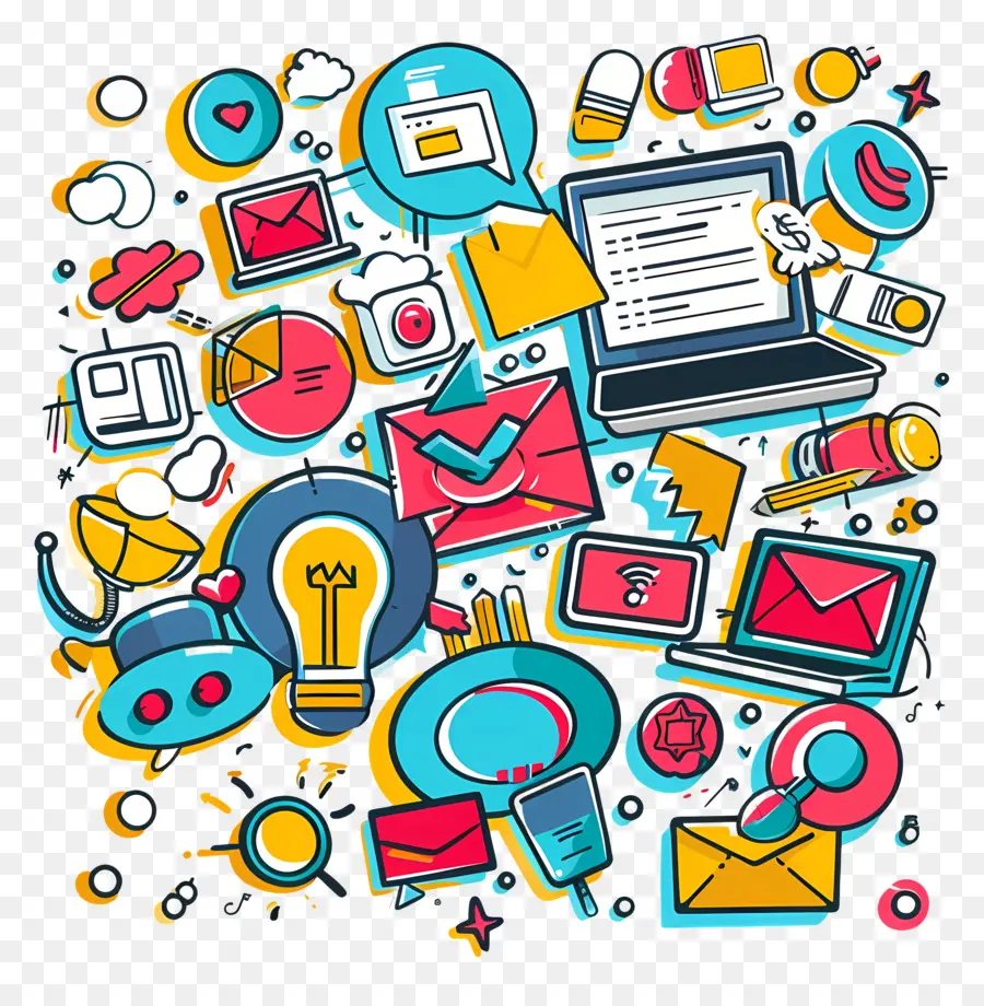 Marketing digitale - Icone colorate di articoli tecnologici, design visivamente piacevole