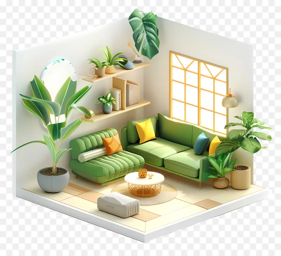 bàn cà phê - Phòng ấm cúng, được chiếu sáng tốt với ghế sofa màu xanh lá cây