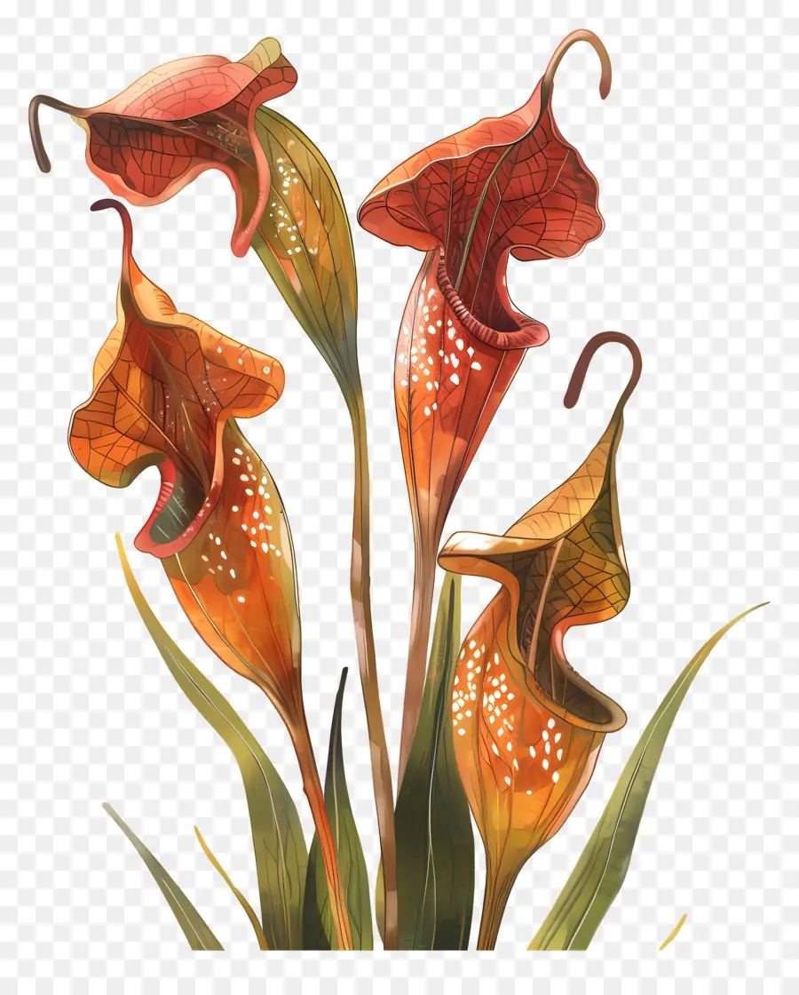 tropical pitcher plant trumpet-shaped flowers green stalks white dots dark brown spots