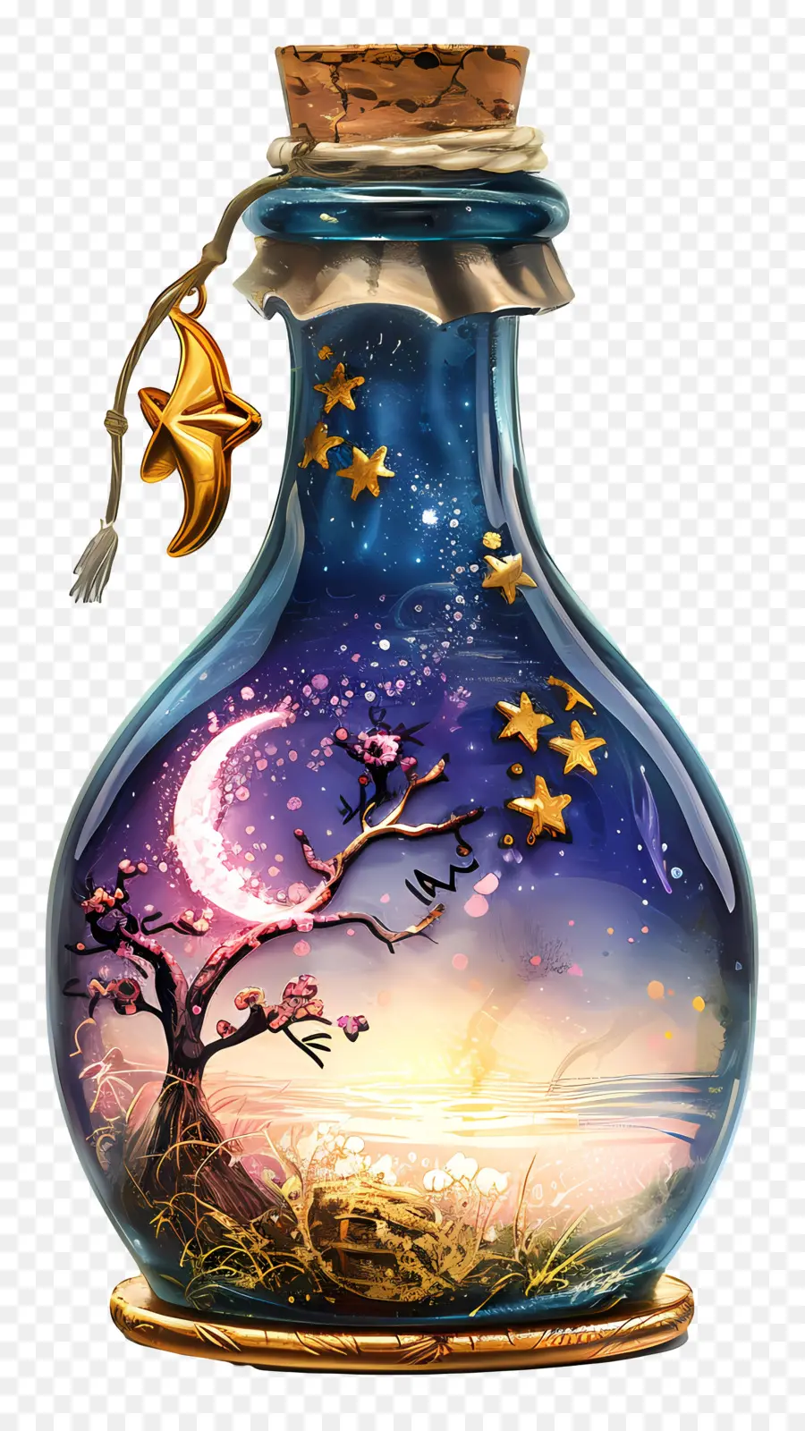 Halbmond - Glasflasche mit Sternen, Mond, Baum, Haus