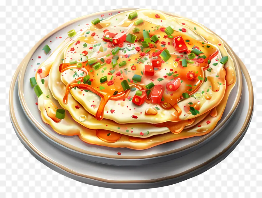 Uttapam Food Pancake Stack Würste Pilze Käse - Brutzelnde Pfannkuchen mit Toppings auf schicker Teller
