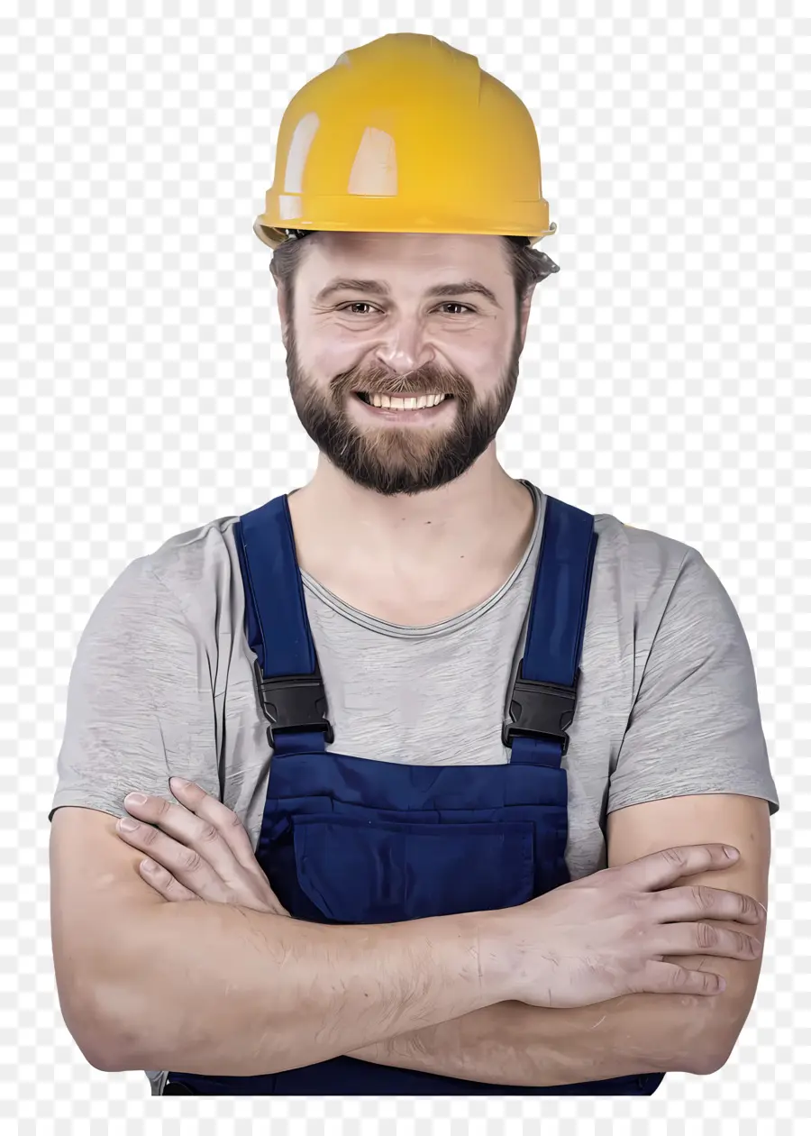 Giorno del lavoro 2024 Labor Day 2024 Casco giallo Shirt bianco sorridente - Uomo in elmetto giallo sorridente, braccia incrociate