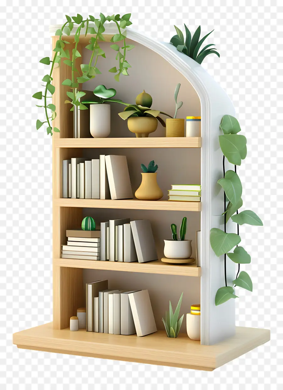 bookcase bookshelf books plants 3d rendering